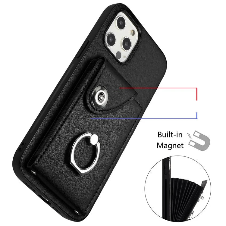 YB Leather Coating Series-7 for iPhone 12 / 12 Pro Case Ring Kickstand Cover with Multiple Card Holder