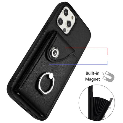 YB Leather Coating Series-7 for iPhone 12 / 12 Pro Case Ring Kickstand Cover with Multiple Card Holder