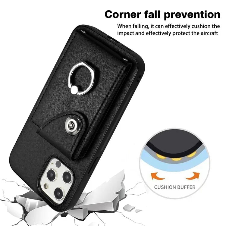 YB Leather Coating Series-7 for iPhone 12 / 12 Pro Case Ring Kickstand Cover with Multiple Card Holder