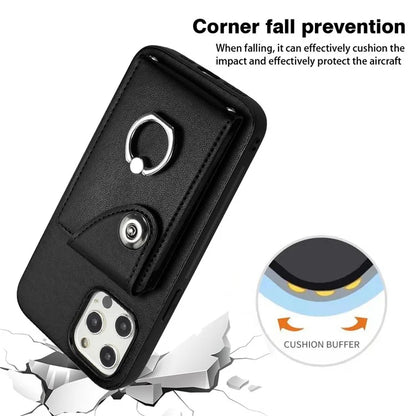 YB Leather Coating Series-7 for iPhone 12 / 12 Pro Case Ring Kickstand Cover with Multiple Card Holder