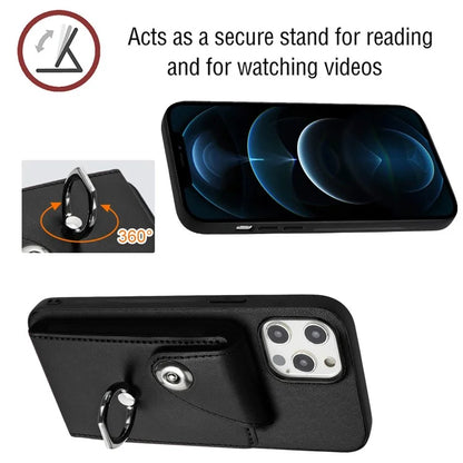 YB Leather Coating Series-7 for iPhone 12 / 12 Pro Case Ring Kickstand Cover with Multiple Card Holder