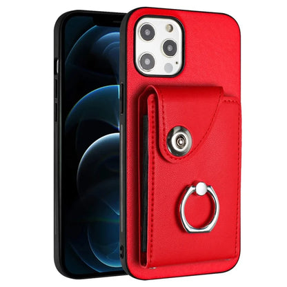 YB Leather Coating Series-7 for iPhone 12 / 12 Pro Case Ring Kickstand Cover with Multiple Card Holder