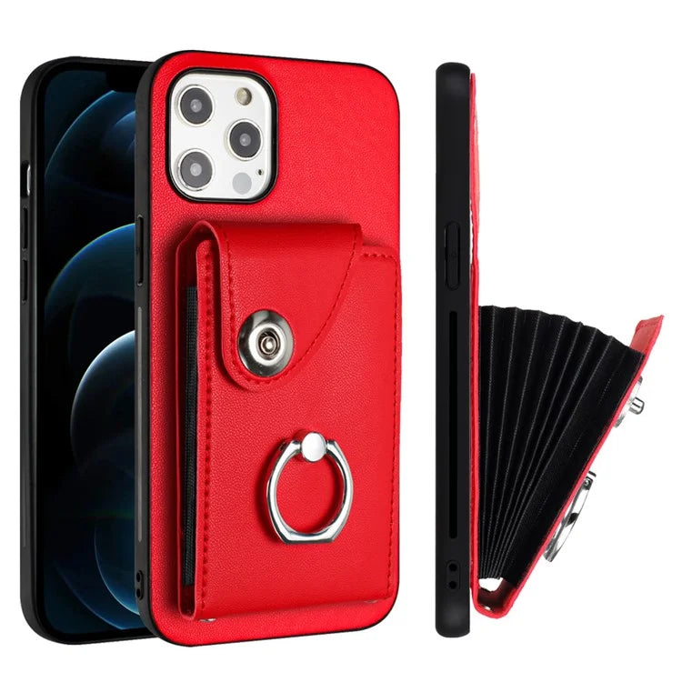 YB Leather Coating Series-7 for iPhone 12 / 12 Pro Case Ring Kickstand Cover with Multiple Card Holder