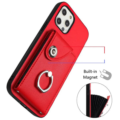 YB Leather Coating Series-7 for iPhone 12 / 12 Pro Case Ring Kickstand Cover with Multiple Card Holder