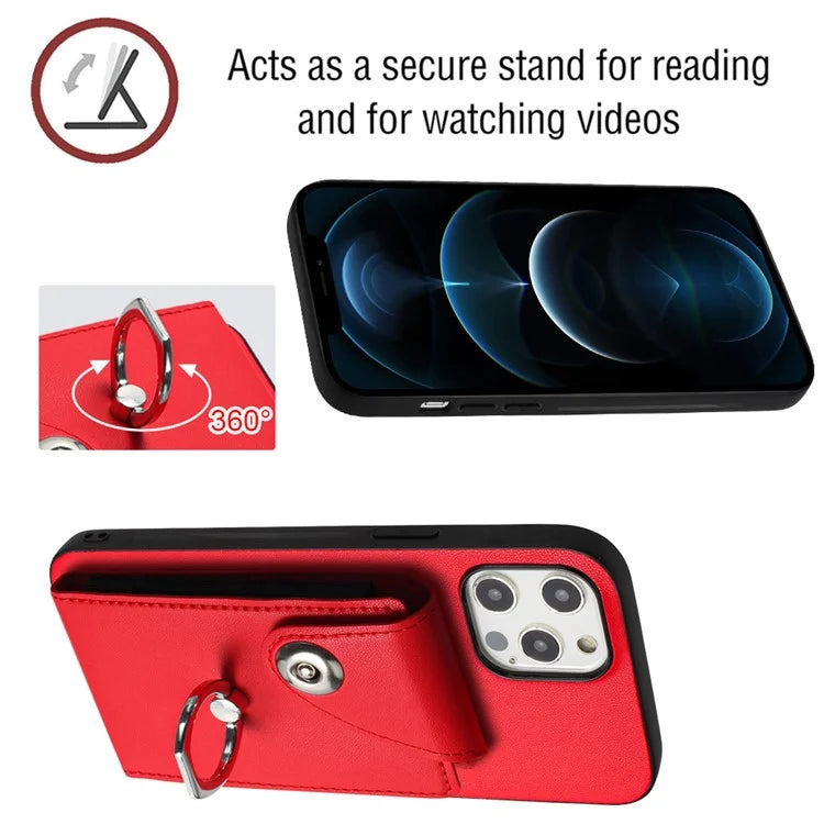YB Leather Coating Series-7 for iPhone 12 / 12 Pro Case Ring Kickstand Cover with Multiple Card Holder