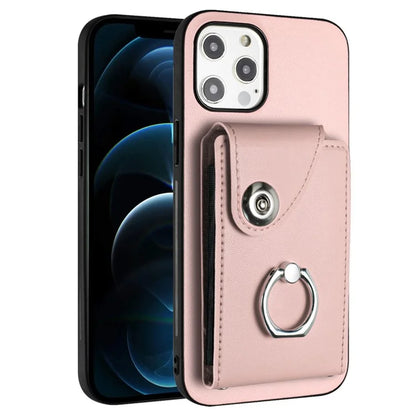 YB Leather Coating Series-7 for iPhone 12 / 12 Pro Case Ring Kickstand Cover with Multiple Card Holder