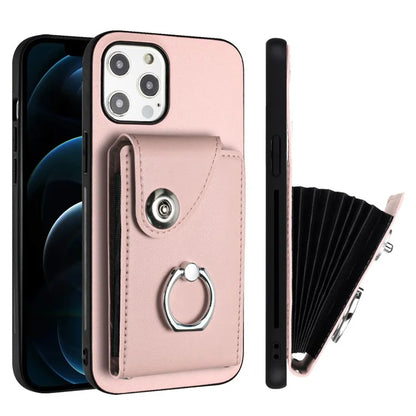 YB Leather Coating Series-7 for iPhone 12 / 12 Pro Case Ring Kickstand Cover with Multiple Card Holder
