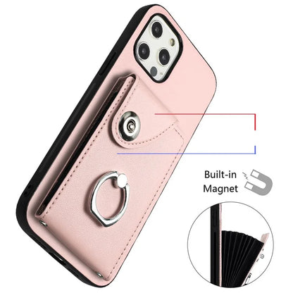 YB Leather Coating Series-7 for iPhone 12 / 12 Pro Case Ring Kickstand Cover with Multiple Card Holder