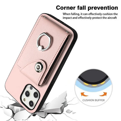 YB Leather Coating Series-7 for iPhone 12 / 12 Pro Case Ring Kickstand Cover with Multiple Card Holder