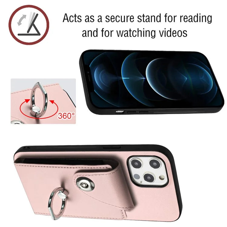 YB Leather Coating Series-7 for iPhone 12 / 12 Pro Case Ring Kickstand Cover with Multiple Card Holder