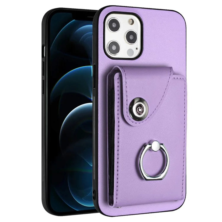 YB Leather Coating Series-7 for iPhone 12 / 12 Pro Case Ring Kickstand Cover with Multiple Card Holder