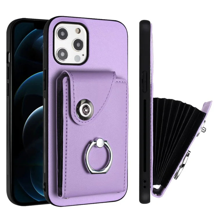 YB Leather Coating Series-7 for iPhone 12 / 12 Pro Case Ring Kickstand Cover with Multiple Card Holder