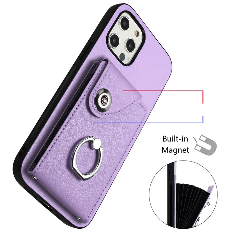 YB Leather Coating Series-7 for iPhone 12 / 12 Pro Case Ring Kickstand Cover with Multiple Card Holder