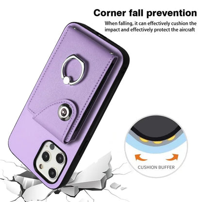 YB Leather Coating Series-7 for iPhone 12 / 12 Pro Case Ring Kickstand Cover with Multiple Card Holder