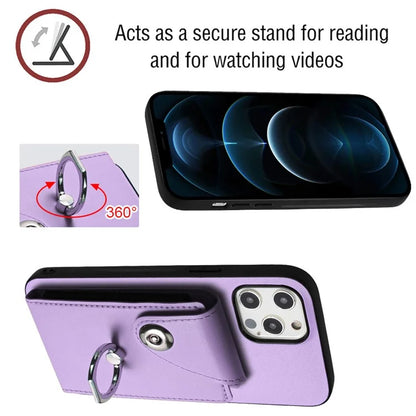 YB Leather Coating Series-7 for iPhone 12 / 12 Pro Case Ring Kickstand Cover with Multiple Card Holder