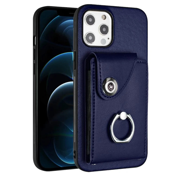 YB Leather Coating Series-7 for iPhone 12 / 12 Pro Case Ring Kickstand Cover with Multiple Card Holder