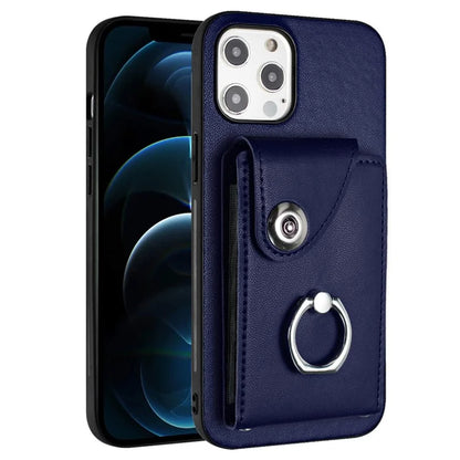 YB Leather Coating Series-7 for iPhone 12 / 12 Pro Case Ring Kickstand Cover with Multiple Card Holder
