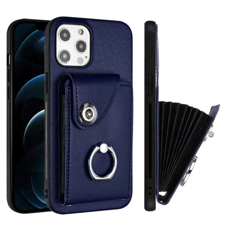 YB Leather Coating Series-7 for iPhone 12 / 12 Pro Case Ring Kickstand Cover with Multiple Card Holder