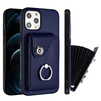 YB Leather Coating Series-7 for iPhone 12 / 12 Pro Case Ring Kickstand Cover with Multiple Card Holder