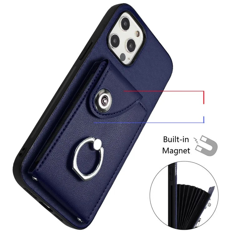 YB Leather Coating Series-7 for iPhone 12 / 12 Pro Case Ring Kickstand Cover with Multiple Card Holder