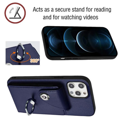 YB Leather Coating Series-7 for iPhone 12 / 12 Pro Case Ring Kickstand Cover with Multiple Card Holder