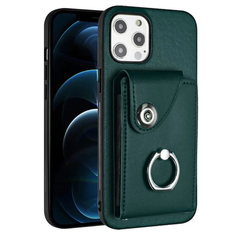 YB Leather Coating Series-7 for iPhone 12 / 12 Pro Case Ring Kickstand Cover with Multiple Card Holder
