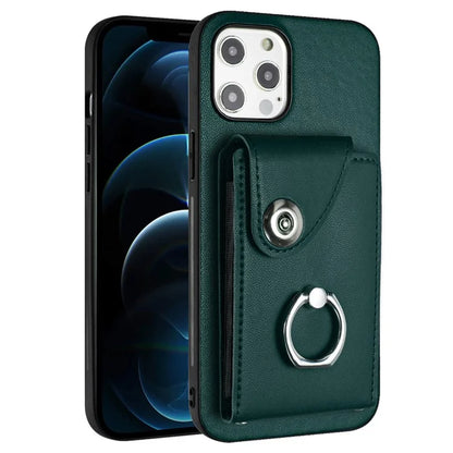 YB Leather Coating Series-7 for iPhone 12 / 12 Pro Case Ring Kickstand Cover with Multiple Card Holder
