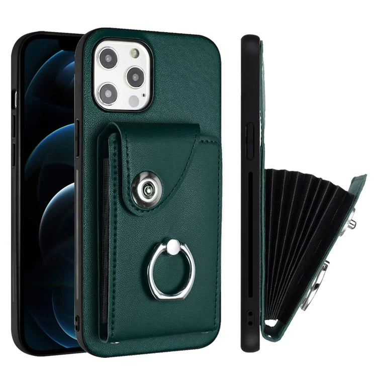 YB Leather Coating Series-7 for iPhone 12 / 12 Pro Case Ring Kickstand Cover with Multiple Card Holder