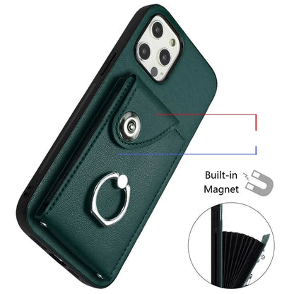YB Leather Coating Series-7 for iPhone 12 / 12 Pro Case Ring Kickstand Cover with Multiple Card Holder