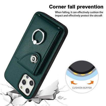 YB Leather Coating Series-7 for iPhone 12 / 12 Pro Case Ring Kickstand Cover with Multiple Card Holder