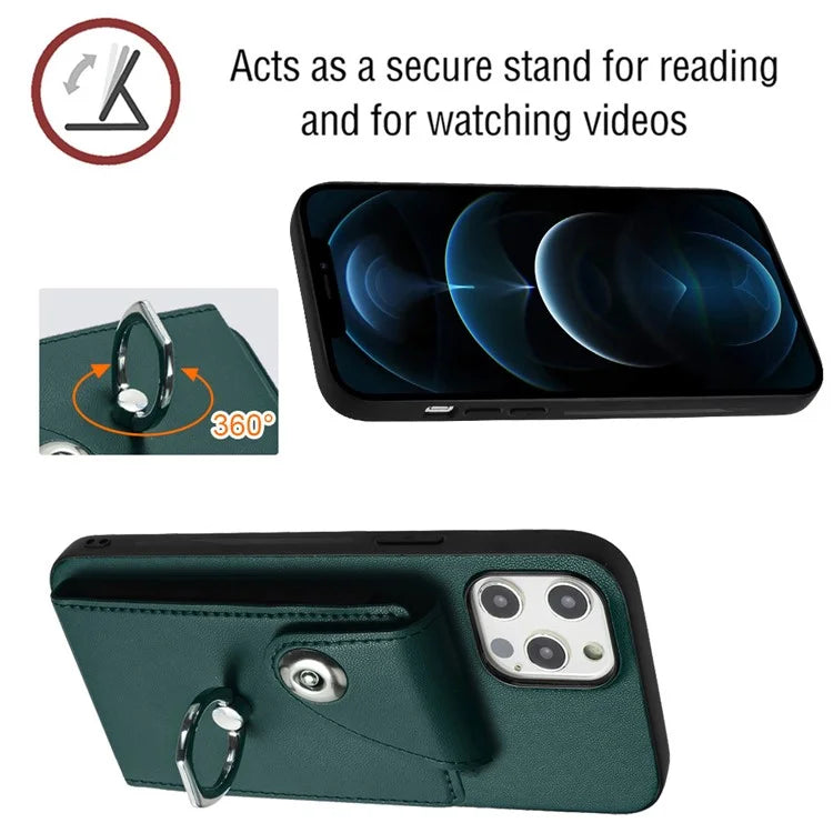 YB Leather Coating Series-7 for iPhone 12 / 12 Pro Case Ring Kickstand Cover with Multiple Card Holder