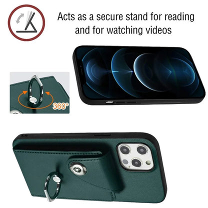YB Leather Coating Series-7 for iPhone 12 / 12 Pro Case Ring Kickstand Cover with Multiple Card Holder