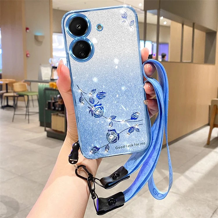 KADEM For Xiaomi Redmi 13C 4G / Poco C65 4G Cell Phone Case with Strap TPU Flower Pattern Cover
