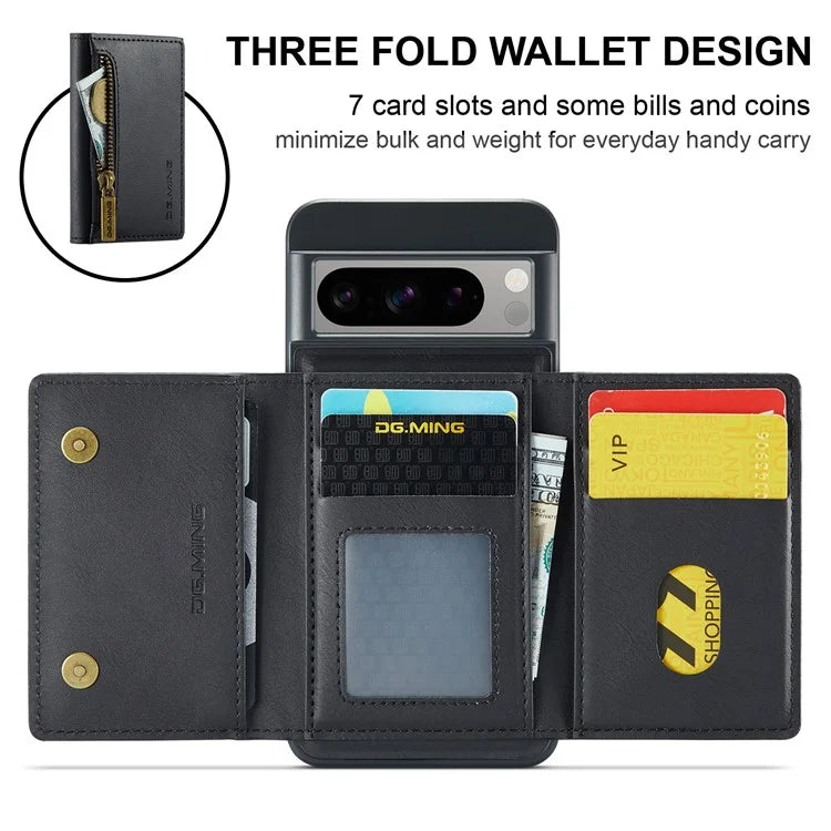 DG.MING M5 Series For Google Pixel 8 Pro Phone Case RFID Blocking Zipper Pocket Back Cover