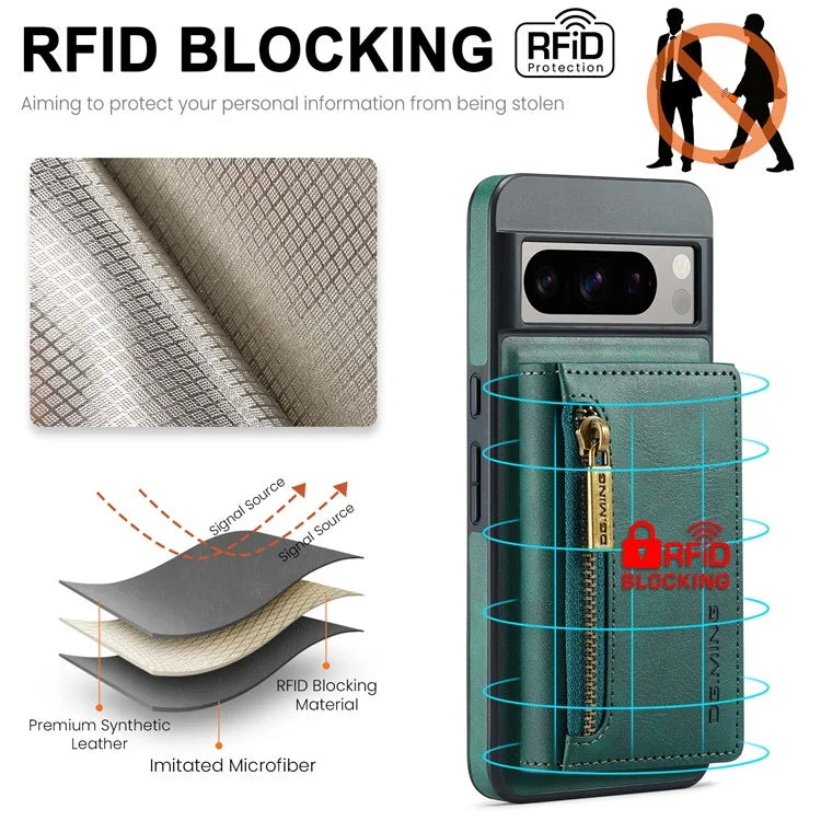 DG.MING M5 Series For Google Pixel 8 Pro Phone Case RFID Blocking Zipper Pocket Back Cover