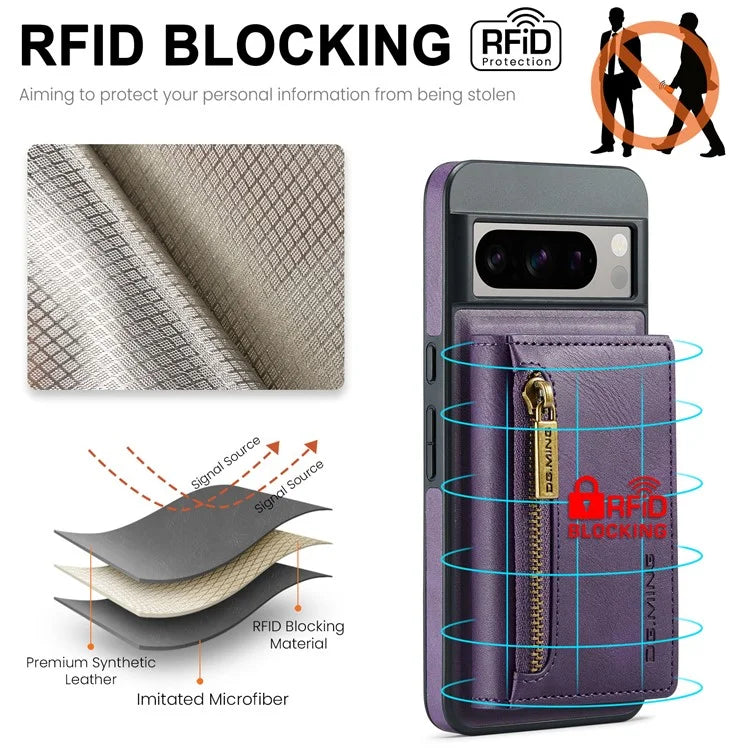 DG.MING M5 Series For Google Pixel 8 Pro Phone Case RFID Blocking Zipper Pocket Back Cover