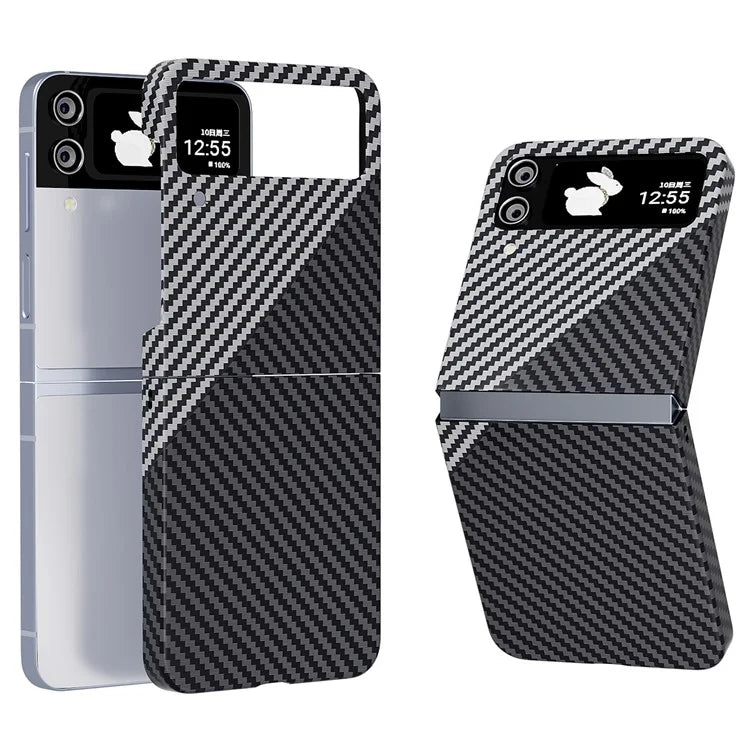 For Samsung Galaxy Z Flip4 5G Case PU Leather+PC Carbon Fiber Texture Flip Phone Shell+Silver