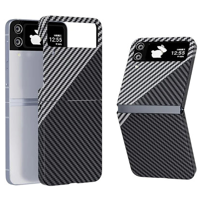 For Samsung Galaxy Z Flip4 5G Case PU Leather+PC Carbon Fiber Texture Flip Phone Shell+Silver