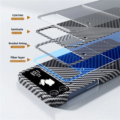 For Samsung Galaxy Z Flip4 5G Case PU Leather+PC Carbon Fiber Texture Flip Phone Shell+Silver