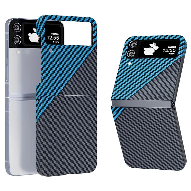 For Samsung Galaxy Z Flip4 5G Case PU Leather+PC Carbon Fiber Texture Flip Phone Shell+Blue
