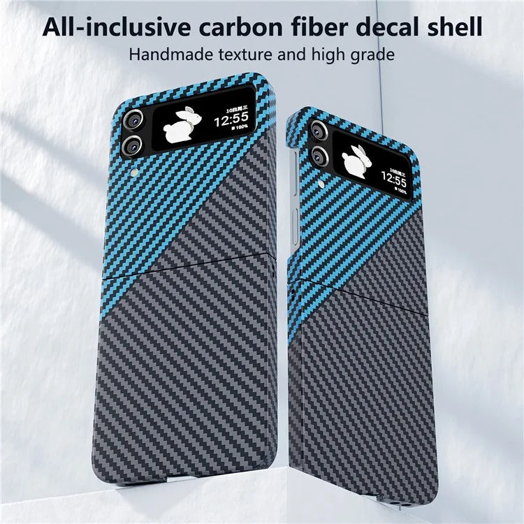 For Samsung Galaxy Z Flip4 5G Case PU Leather+PC Carbon Fiber Texture Flip Phone Shell+Blue