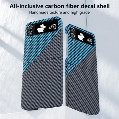 For Samsung Galaxy Z Flip4 5G Case PU Leather+PC Carbon Fiber Texture Flip Phone Shell+Blue