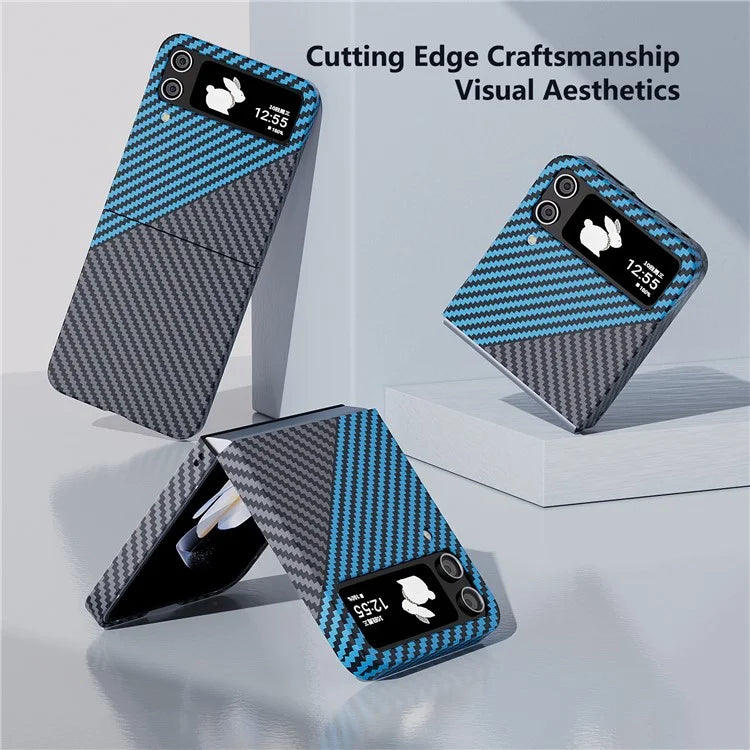 For Samsung Galaxy Z Flip4 5G Case PU Leather+PC Carbon Fiber Texture Flip Phone Shell+Blue