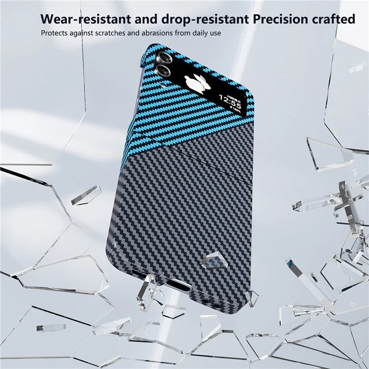 For Samsung Galaxy Z Flip4 5G Case PU Leather+PC Carbon Fiber Texture Flip Phone Shell+Blue