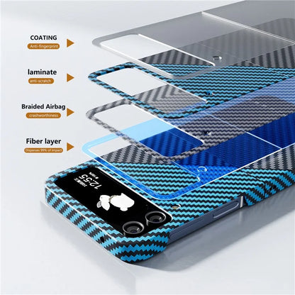 For Samsung Galaxy Z Flip4 5G Case PU Leather+PC Carbon Fiber Texture Flip Phone Shell+Blue