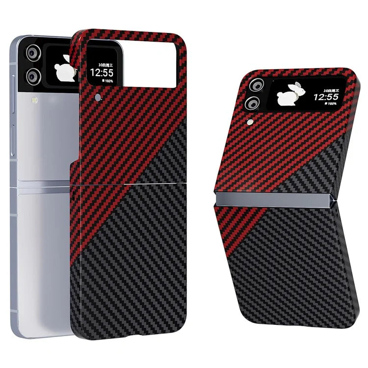 For Samsung Galaxy Z Flip4 5G Case PU Leather+PC Carbon Fiber Texture Flip Phone Shell+Red