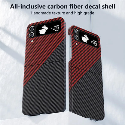 For Samsung Galaxy Z Flip4 5G Case PU Leather+PC Carbon Fiber Texture Flip Phone Shell+Red