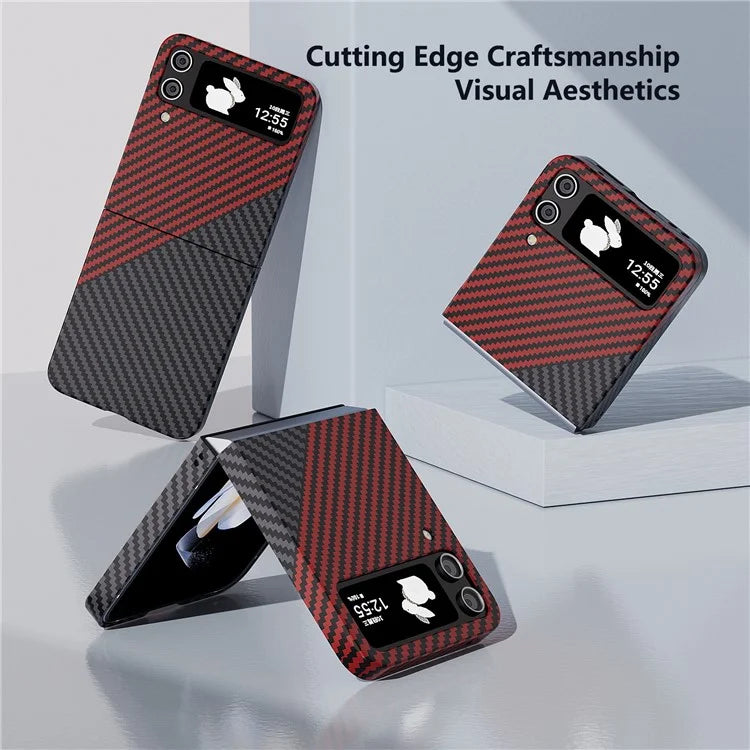 For Samsung Galaxy Z Flip4 5G Case PU Leather+PC Carbon Fiber Texture Flip Phone Shell+Red