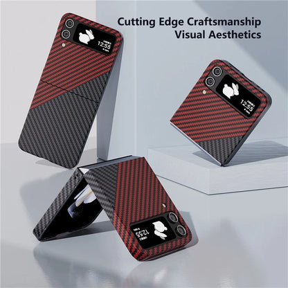 For Samsung Galaxy Z Flip4 5G Case PU Leather+PC Carbon Fiber Texture Flip Phone Shell+Red