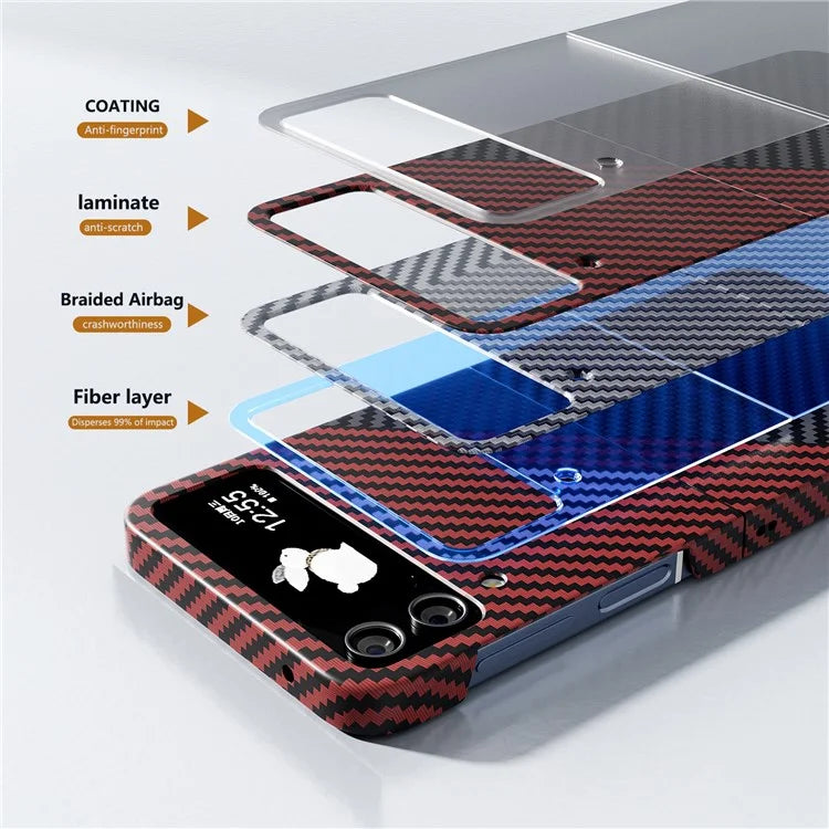 For Samsung Galaxy Z Flip4 5G Case PU Leather+PC Carbon Fiber Texture Flip Phone Shell+Red